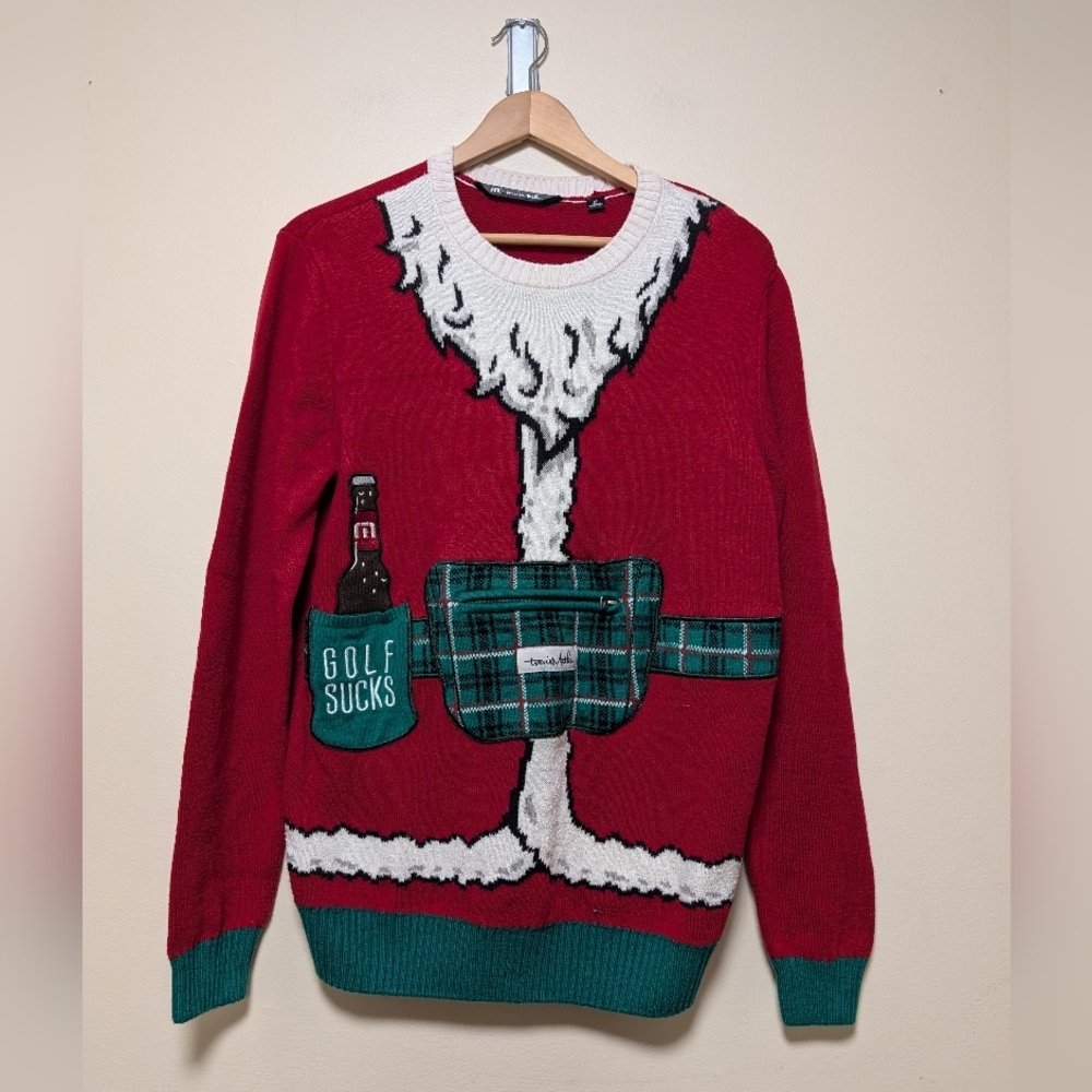 Travis Mathew Men’s Red Santa Beer Novelty Sweater Size M — Funny Holiday